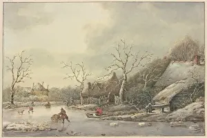 Winter landscape with skaters on a canal, 18th century. Creator: Jan Hulswit