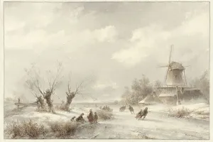 Winter landscape with skaters by a windmill, 1827-1897. Creator: Lodewijk Johannes Kleijn
