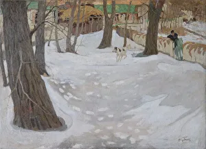 0 Russia Prints: Winter Landscape with Small House and Dog