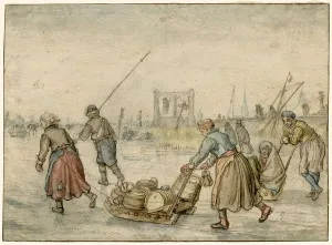 Winter Landscape with Two Women and a Sledge and Other Figures on the Ice, a Gallows...c.1620-c.1625 Creator: Hendrick Avercamp