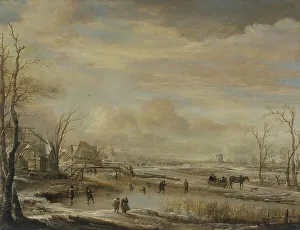 Wooden Bridge Prints: Winter landscape with a woodend bridge near some houses
