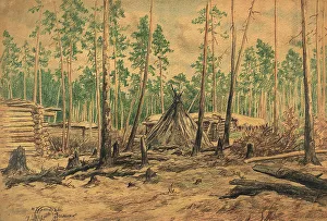Deforestation Prints: Winter road - Chekhlomeev yurts, 1928. Creator: Dmitrii Innokent'evich Karatanov