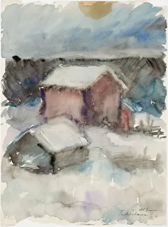 Winter scene, buildings in the snow, 1916. Creator: Henry Ericsson