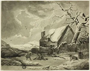 Snowy Prints: Winter Scene with People Outside a Cottage Near a Pond, n. d. Creator: Unknown