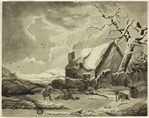Prints And Drawings Collection: Winter Scene with People Outside a Cottage Near a Pond, n. d. Creator: Unknown