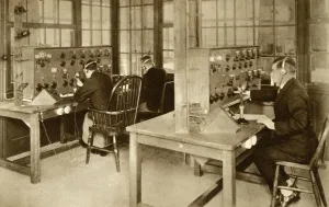 The wireless transmission room at Croydon Aerodrome, south London, 1928, (1935) The wireless transmission room at Croydon Aerodrome, south London, 1928, (1935)
