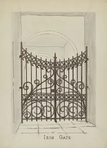 Iron Gate Prints: Wishing Gates, c. 1936. Creator: Lucien Verbeke