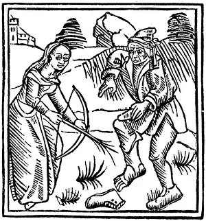 Supernatural Prints: Witch shooting a man in the foot with an enchanted arrow made from a hazel wand, 1489