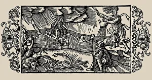 Witch unleashing storm. From History of Northern Peoples by Olaus Magnus, Archbishop... 1555. Creator: Anonymous. Witch unleashing storm. From History of Northern Peoples by Olaus Magnus, Archbishop... 1555. Creator: Anonymous