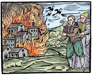 Witchcraft Collection: Witches destroying a house by fire - Swabia, 1533