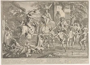 Claude Gillot Gallery: Witches Sabbath, within a nocturnal landscape, a necromancer seated at top cente... ca