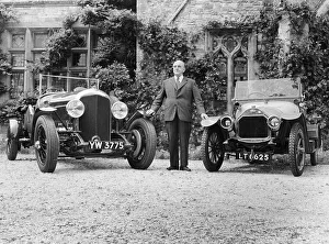 Bentley Prints: WO Bentley standing between two of his cars