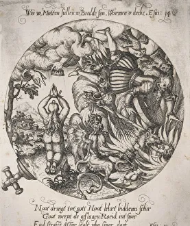 Woe to you, Maggots will be in your bed, and worms your coverlet (Isaiah 14: 11), ca... ca. 1570-72. Creator: Anon