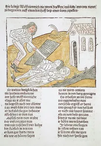 Burying Prints: Wolf Dietrich Buries a Knight and His Family, Printed 1483. Creator: Unknown