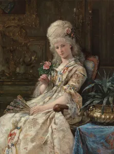 Hair Decoration Prints: Woman in 18th century costume, (woman holding a rose), 1884. Creator: Erik Johan Lofgren