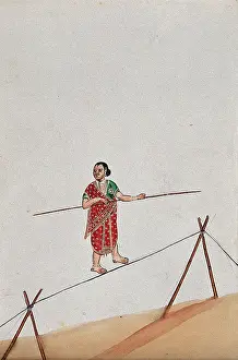 Distracted Prints: A woman acrobat holding a long stick and walking the tight rope