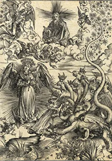 The woman of the Apocalypse and the seven-headed dragon. From Apocalypsis cum Figuris, 1498 The woman of the Apocalypse and the seven-headed dragon. From Apocalypsis cum Figuris, 1498