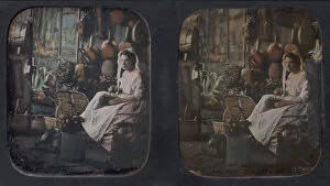 [Woman in Apron and Bonnet Grinding Coffee in Kitchen Setting], 1850s. Creator: Unknown