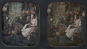 Grinding Prints: [Woman in Apron and Bonnet Grinding Coffee in Kitchen Setting], 1850s. Creator: Unknown