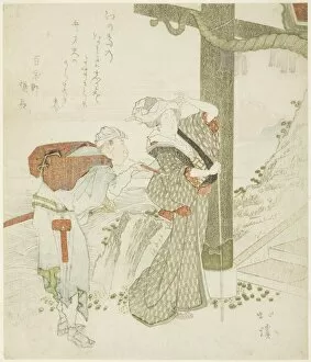Woman and attendant at entrance gate of Enoshima, 1810s/1820s. Creator: Totoya Hokkei