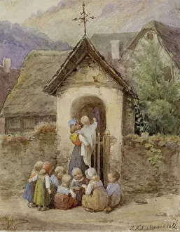 Stone Wall Prints: Woman with Baby and Group of Children, 1856. Creator: Jakob Dielmann