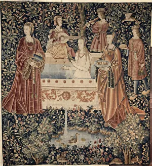 Handwoven Prints: Woman Bathing surrounded by Attendants (Tapestry series La Vie Seigneuriale)