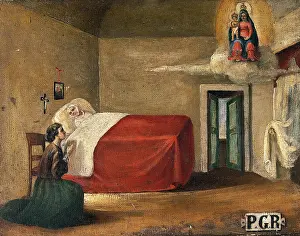 A woman in bed, a second woman kneeling beside her in prayer to the Virgin and Child, 19th century. Creator: Unknown