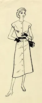 Matching Prints: Woman in belted dress, c1950. Creator: Shirley Markham