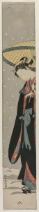 1615 1868 Prints: Woman (Bihin) with Parasol in Snow (From the series Mu Tamagawa). Creator: Suzuki Harunobu