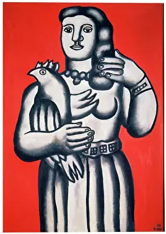Fernan Prints: Woman with a Bird against a Red Background