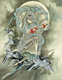 Watercolor On Paper Prints: Woman with Birds, 1890s. Creator: Toshio Aoki