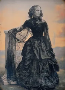 Southworth Albert Sands Prints: Woman in Black Taffeta Dress and Lace Shawl, ca. 1850. Creators: Josiah Johnson Hawes