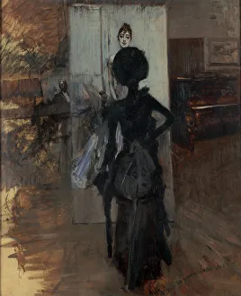 Boldini Prints: Woman in Black who Watches the Pastel of Signora Emiliana Concha de Ossa