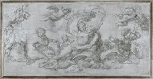 A Woman borne off by a Sea God (Cartoon for a fresco in the Gallery of the Palazzo Farnese, Rome), c. 1599. Artist: Carracci, Agostino (1557-1602)