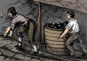 Hardship Prints: Woman and a boy working in a coal mine, Bolton, Lancashire, 1848