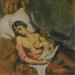 Maternity Gallery: Woman breastfeeding her child, ca 1872. Artist: Cezanne, Paul (1839-1906)