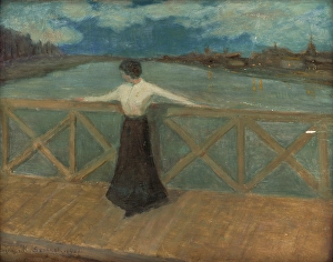Slovene Prints: Woman on a bridge, 1907. Creator: Karol Pongracz