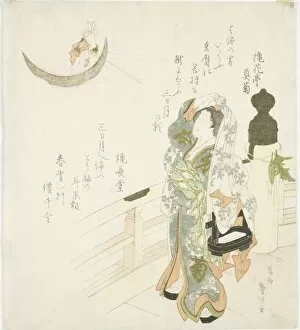 Woman on the bridge watching the moon, Japan, 1831. Creator: Katsushika Taito