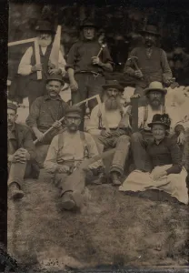 Carpentry Gallery: A Woman and Eight Carpenters Posed Outdoors, 1880s. Creator: Unknown
