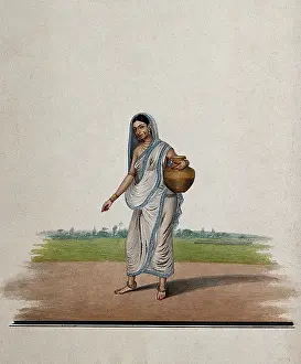 Sari Prints: A woman carrying a brass utensil, (between 1800 and 1899?). Creator: Unknown