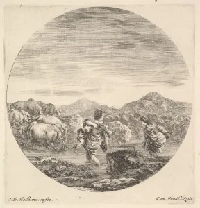 Della Bella Prints: A woman carrying a child in center, seen from behind, another woman to right, facin