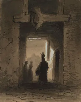 Alley Prints: Woman Carrying Jug Through Portal, mid 19th century. Creator: Alfred Jacob Miller