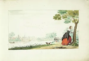 Graffiti Prints: Woman carving words on a tree, 1661. Creator: Gesina ter Borch