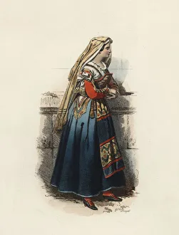 Modern Age Prints: Woman from Cervera (Kingdom of Naples), color engraving 1870