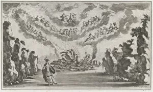 Gods Gallery: A woman in a chariot arrives at the ruins of a building as the Olympian gods look down fro... 1668