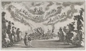 Goddesses Prints: A woman in a chariot arrives at the ruins of a building as the Olympian gods look down fro