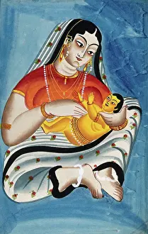 With Watercolour Prints: A woman and a child against a blue background. Creator: Unknown