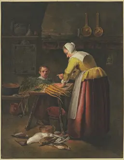 Woman and child in the kitchen with carrots and poultry. Creator: Henricus Franciscus Wiertz