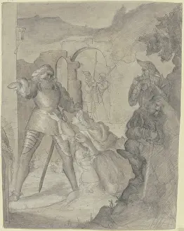 Worship Prints: A woman with a child kneels imploringly before a knight