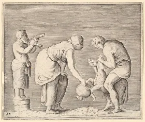 Neck Prints: A Woman Collecting Blood from a Sheep, published ca. 1599-1622. Creator: Unknown